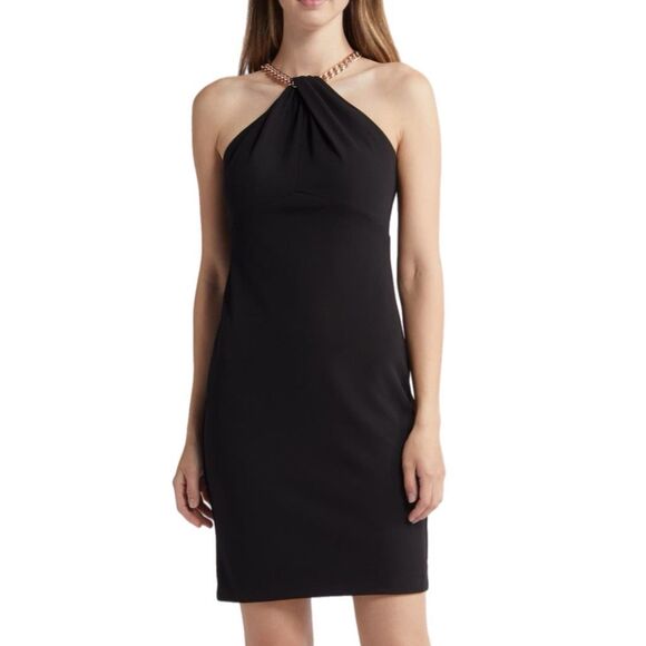 NWT Vince Camuto gold color chain halter neck mini cocktail dress in black Size - Picture 2 of 16